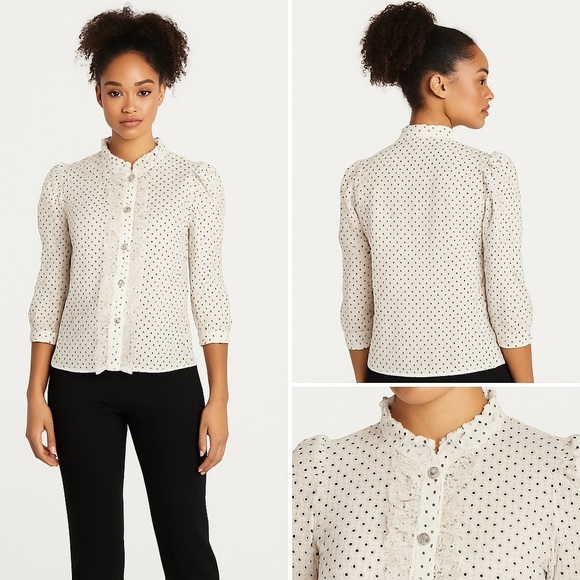 Vici White Lace Polka Dot Rhinestone Button Blouse Puff Sleeve Feminine Top M - Picture 14 of 14